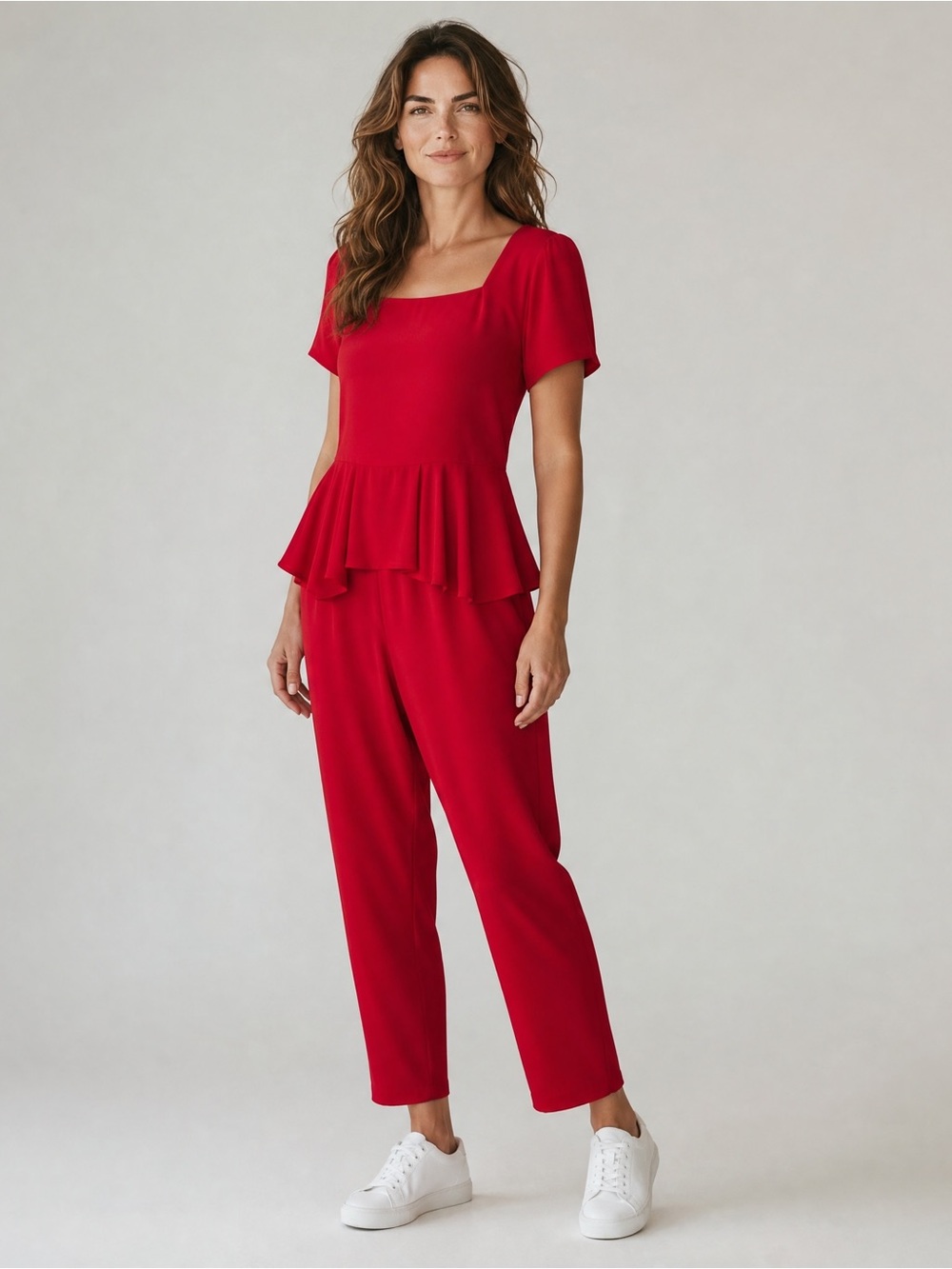 Red Peplum Waist Square Neck Jumpsuit‎ Gold Back Zipper by Danny & Nicole NEW